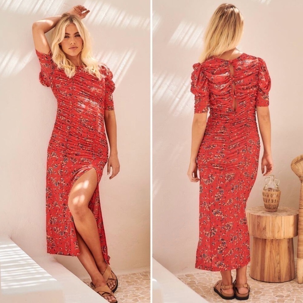 NWT Free People Briella Ruched Floral Midi Dress Bloom Combo Red XL